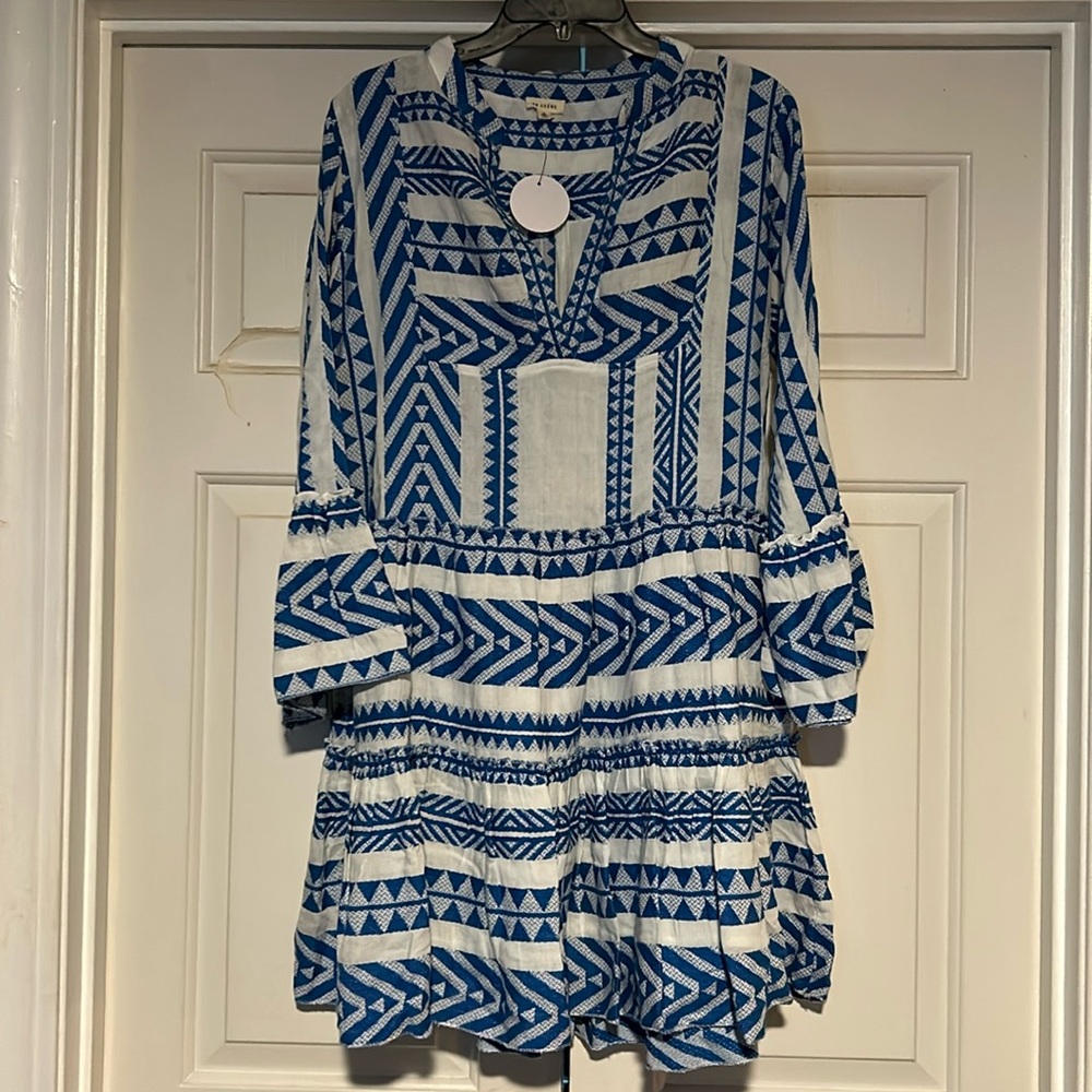 En Creme Blue and White Long Sleeve Dress
